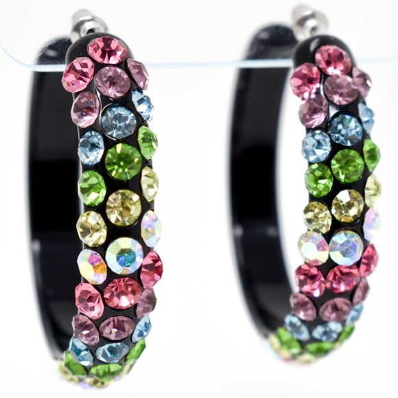 2" Diagonal Multicolor Rhinestones Black Hoops (B) - Picture 5 of 13